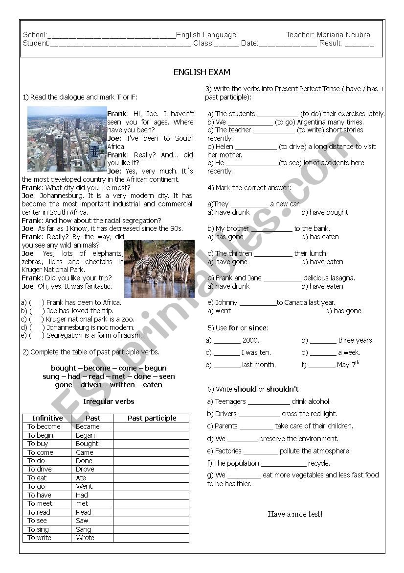 Present Perfect Test worksheet