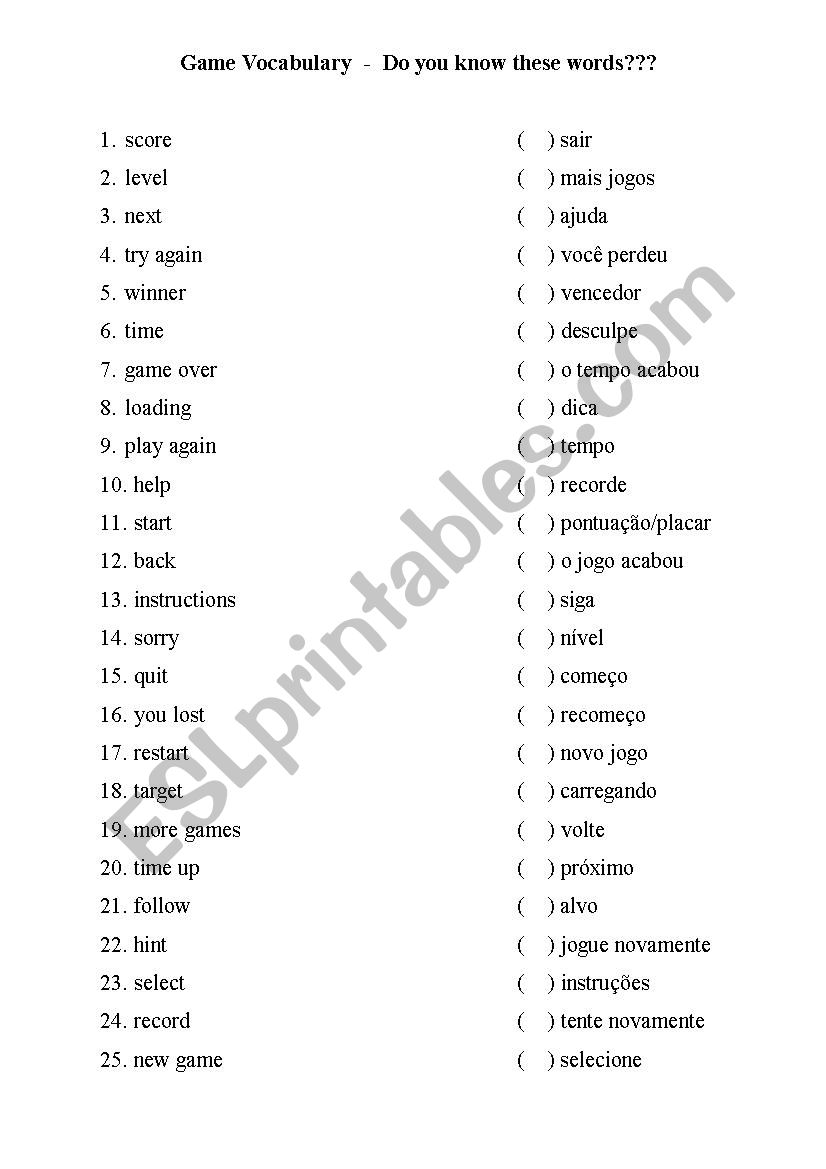 Game Vocabulary worksheet