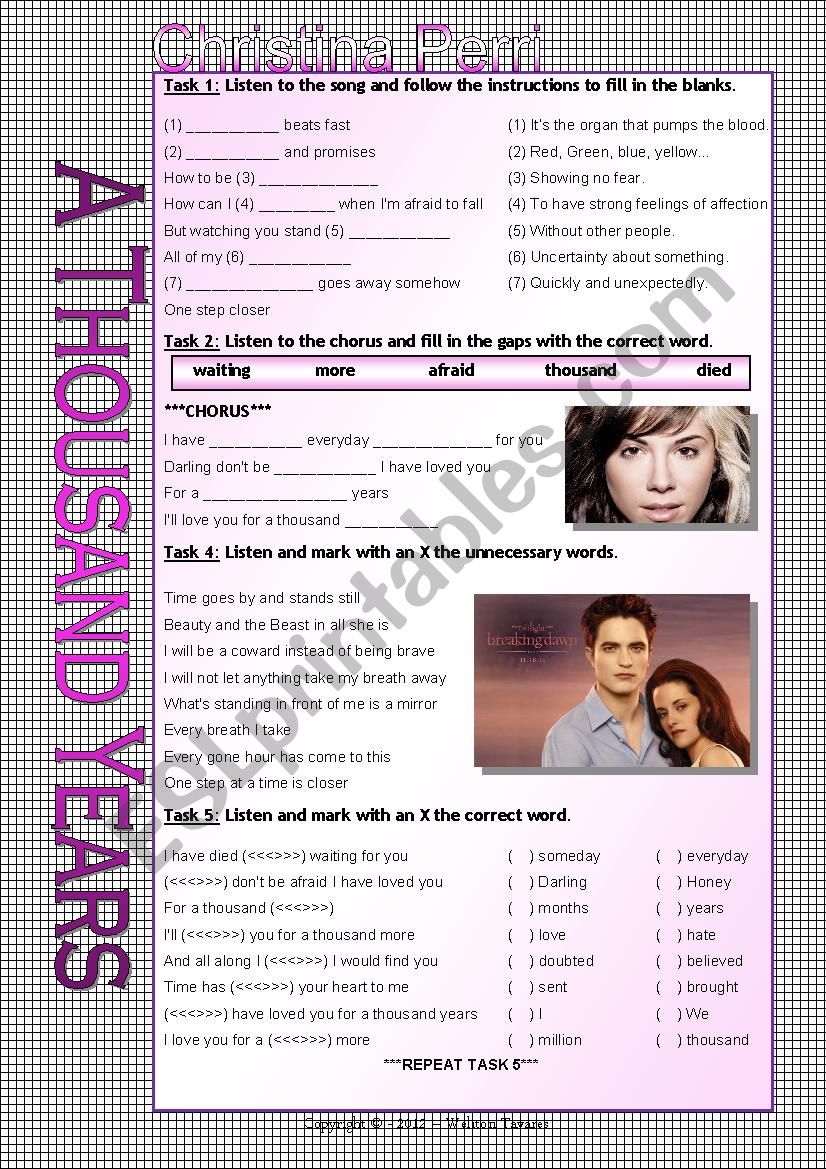 SONG WORKSHEET - A THOUSAND YEARS (Christina Perri)