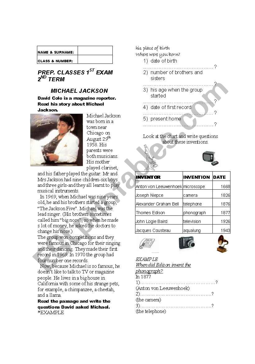 MICHAEL JACKSON worksheet