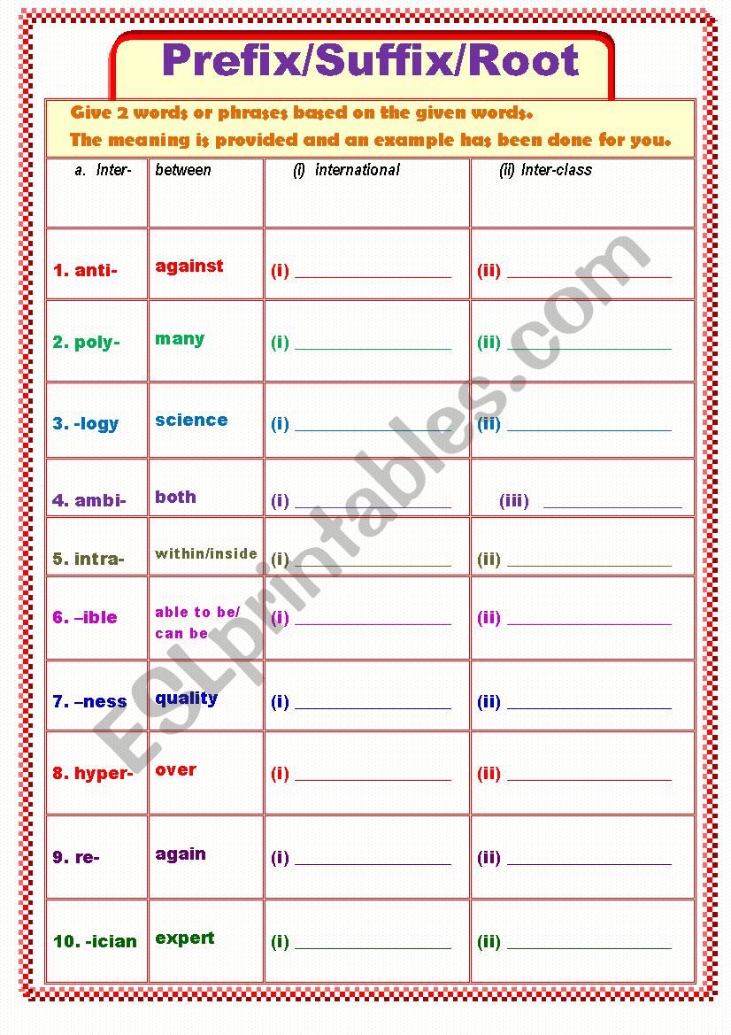 Prefix/Suffix Worksheet worksheet