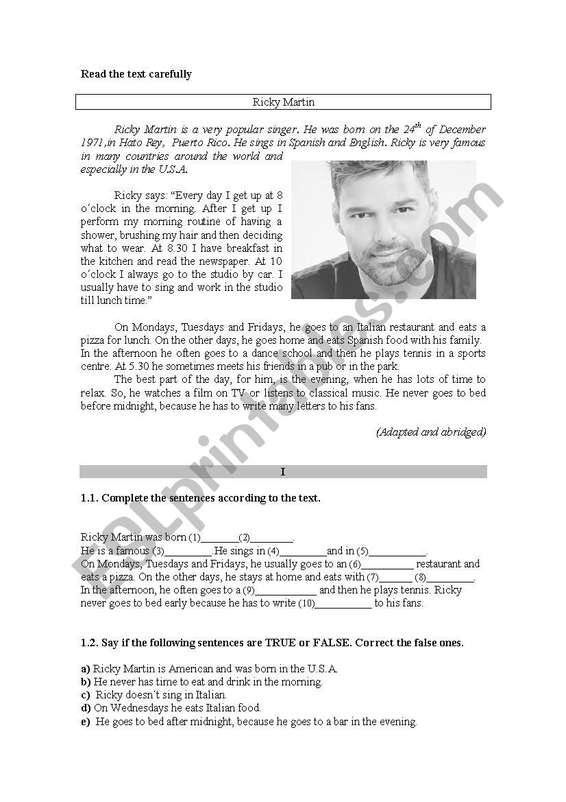 Ricky Martin Global Test worksheet