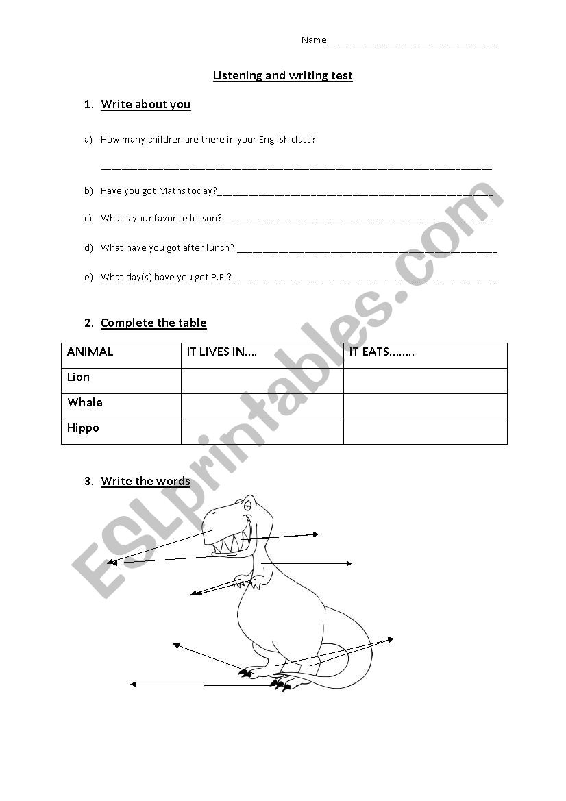 Listening and writing test worksheet