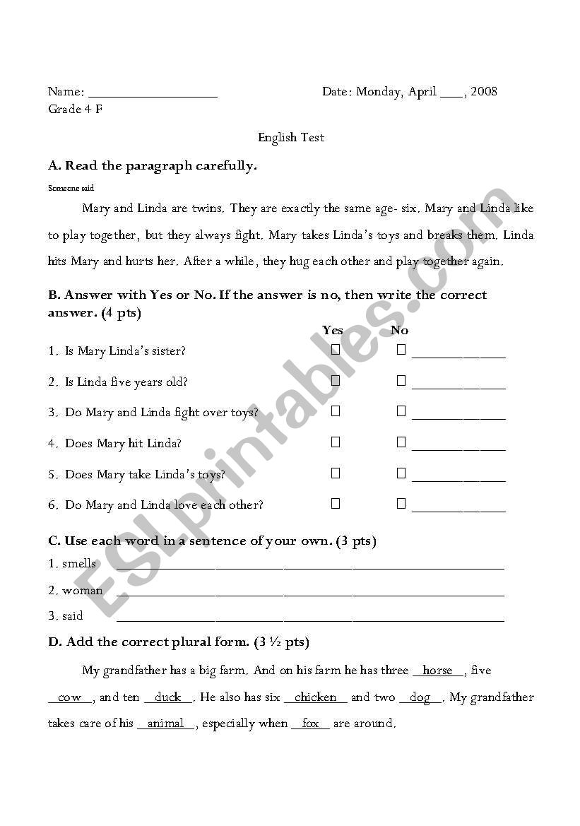 Comrehension and Grammar Quiz worksheet