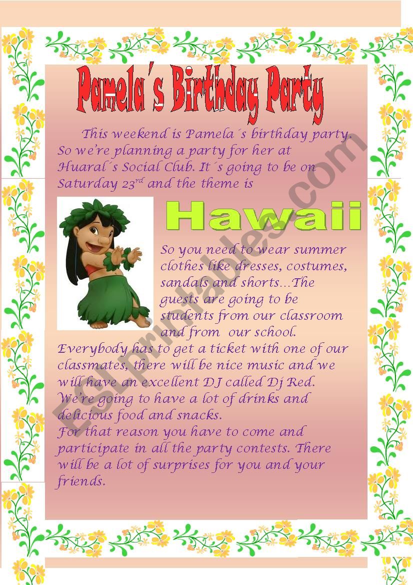 PamelaÂ´s Birthday Party worksheet