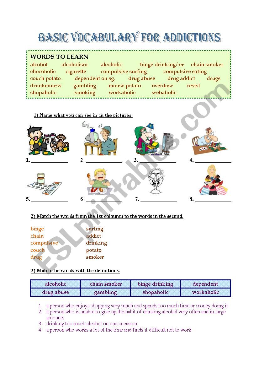 Addictions - Basic Vocabulary worksheet