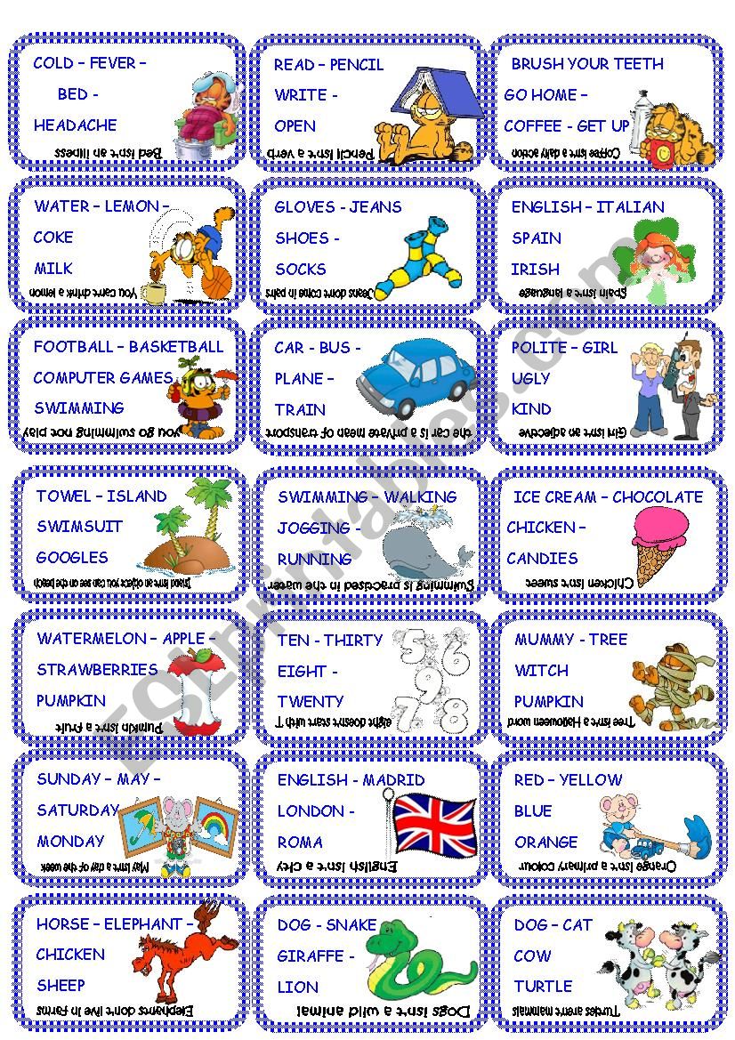 Odd one out cards set 1 worksheet