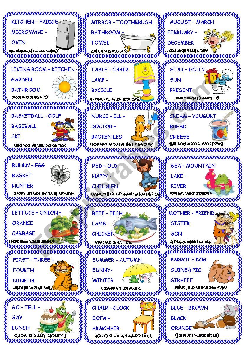 Odd one out cards game set 2 worksheet