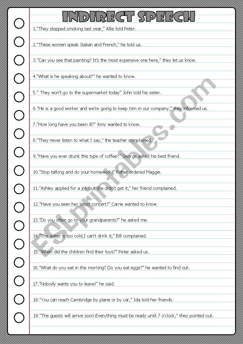 worksheet on reported speech class 9