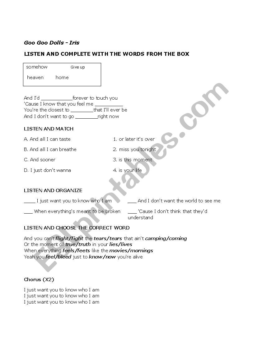goo goo dols lyrics worksheet
