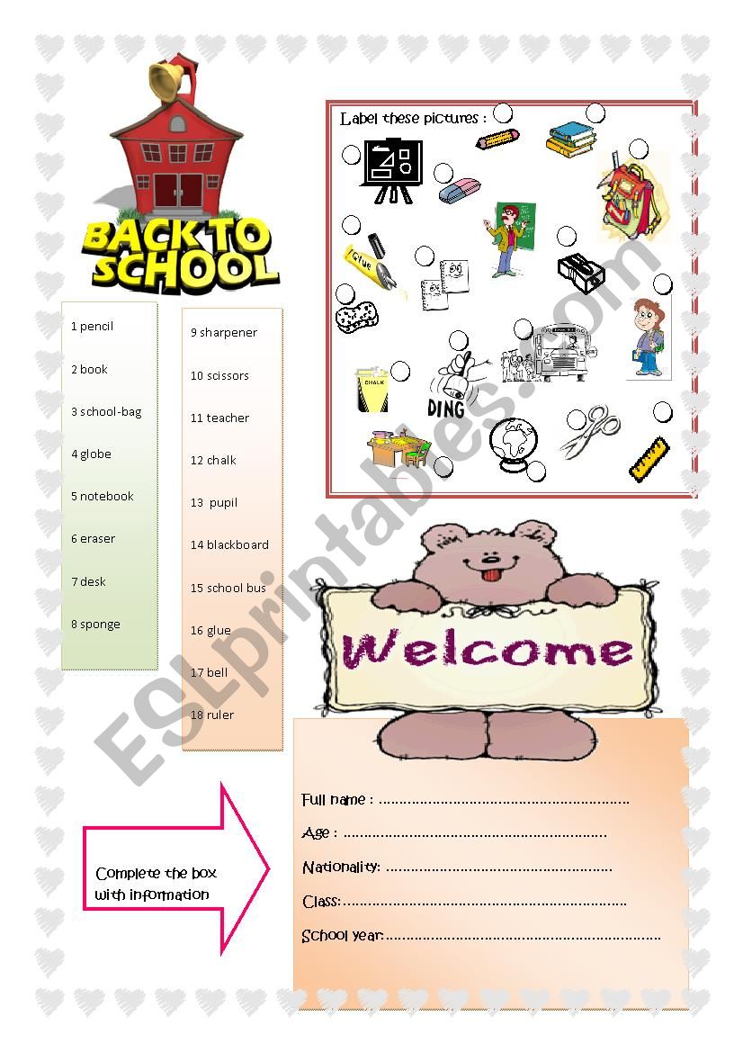 School objects worksheet