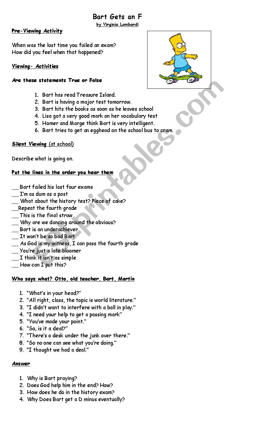 The Simpsons- Bart gets an F worksheet