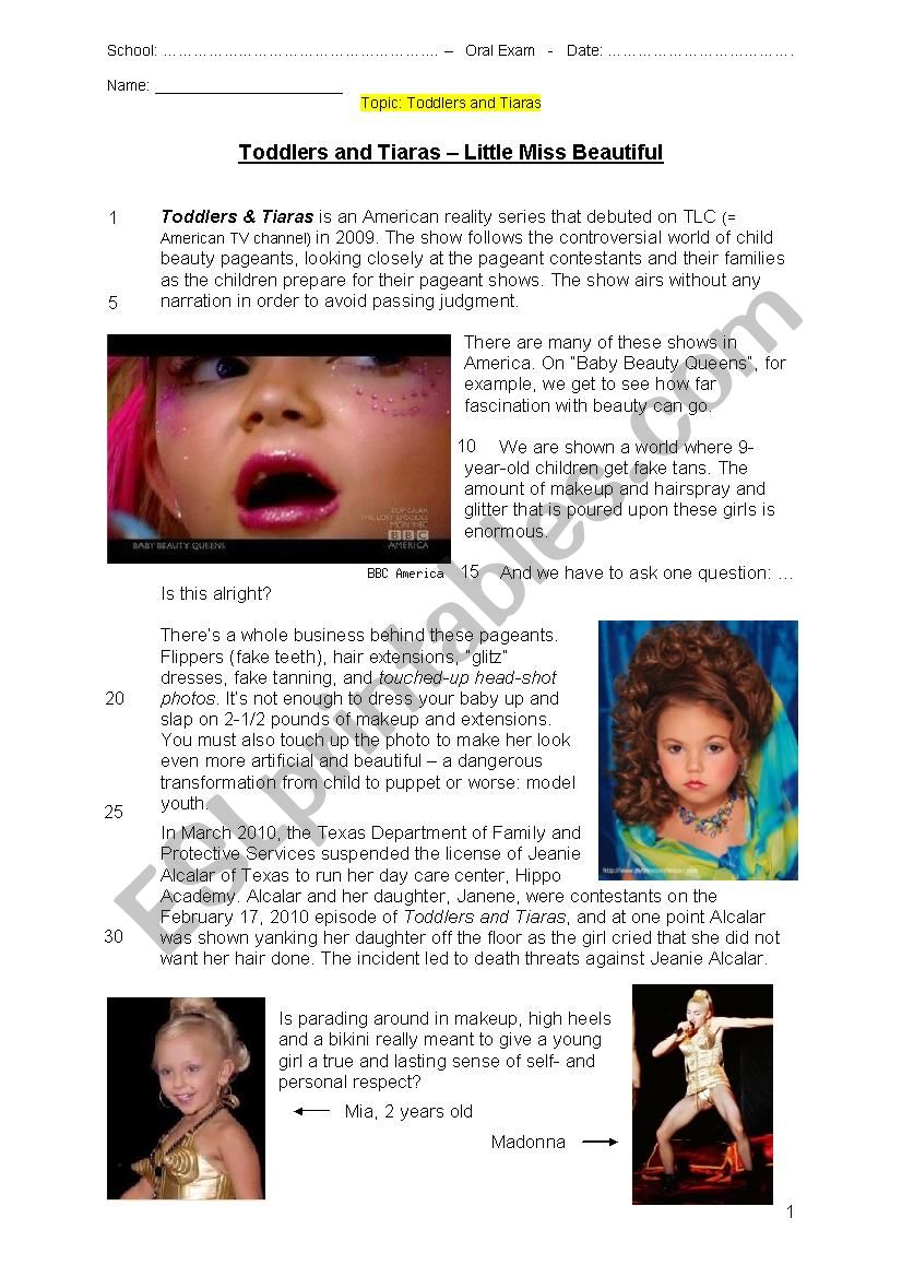 Oral Exam / Test / Conversation: Toddlers and Tiaras