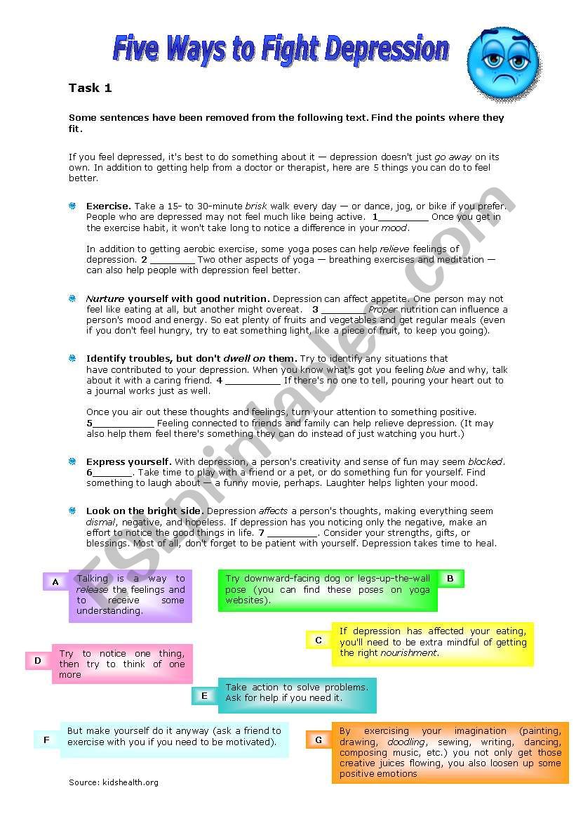 Five Ways to Fight Depression worksheet