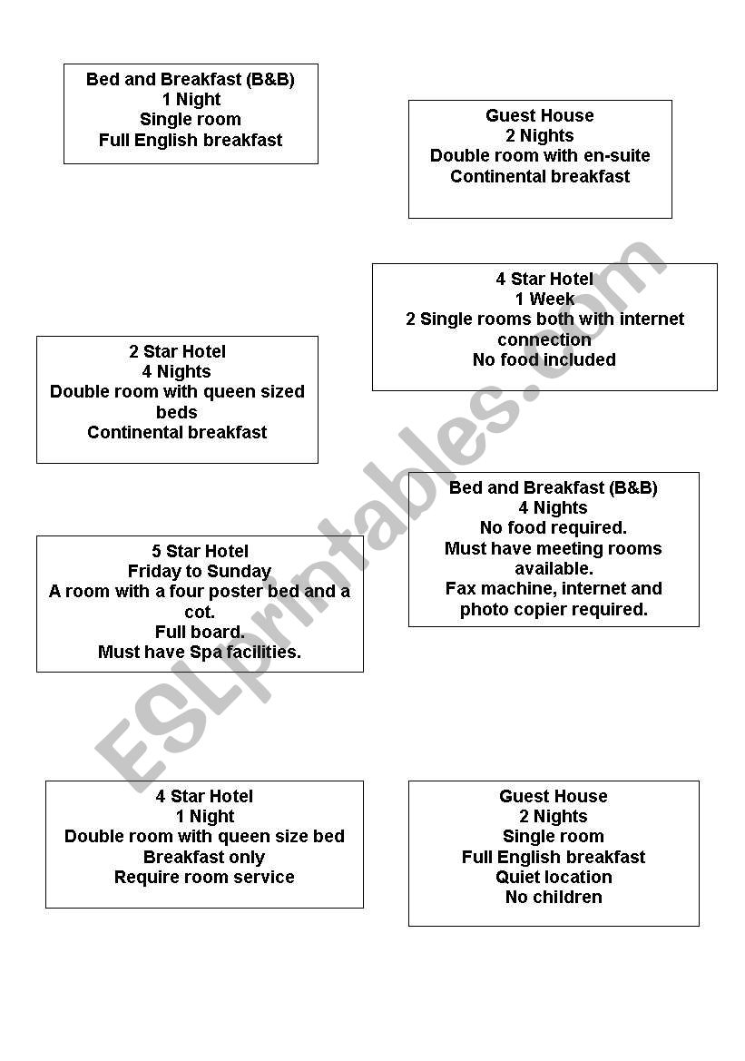 role play hotel cards worksheet