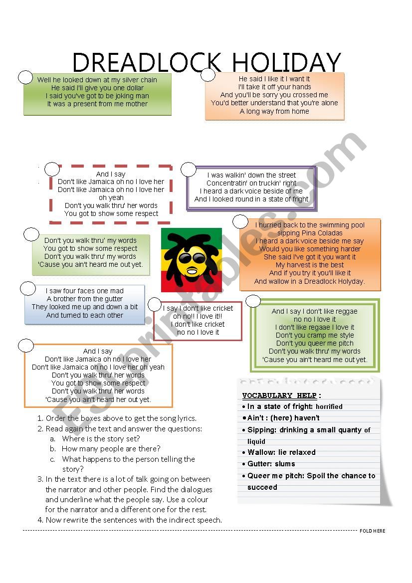 Dreadlock Holiday song worksheet