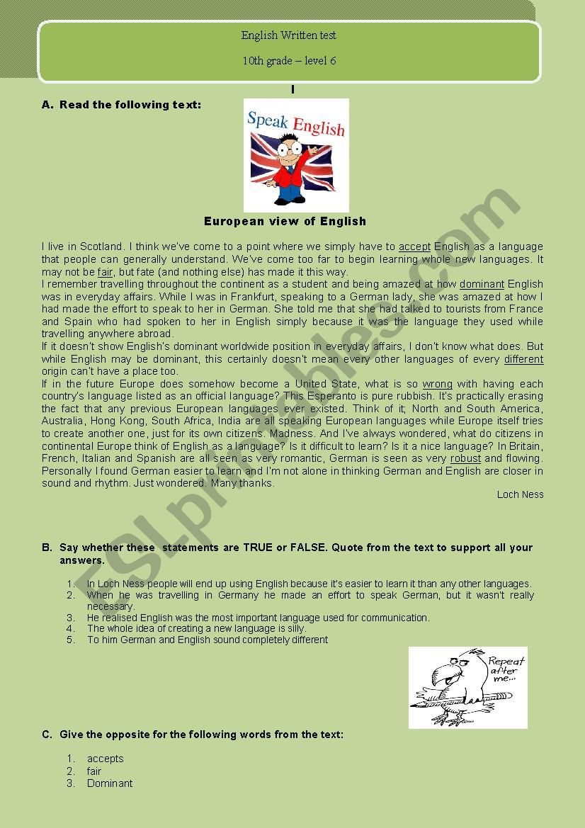 European view of English worksheet