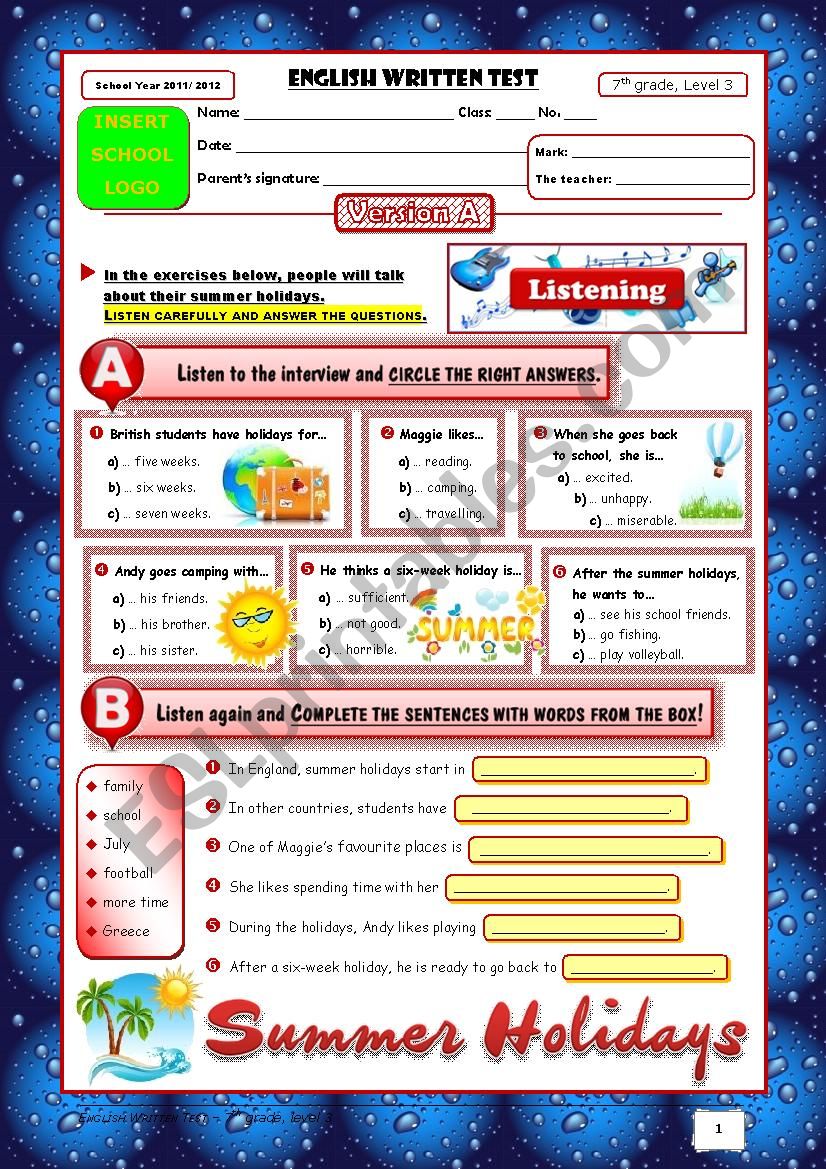 TEST The House+Holidays (7th grade) 1/4 + correction