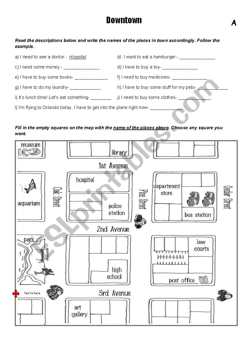 Places in Town and Directions worksheet