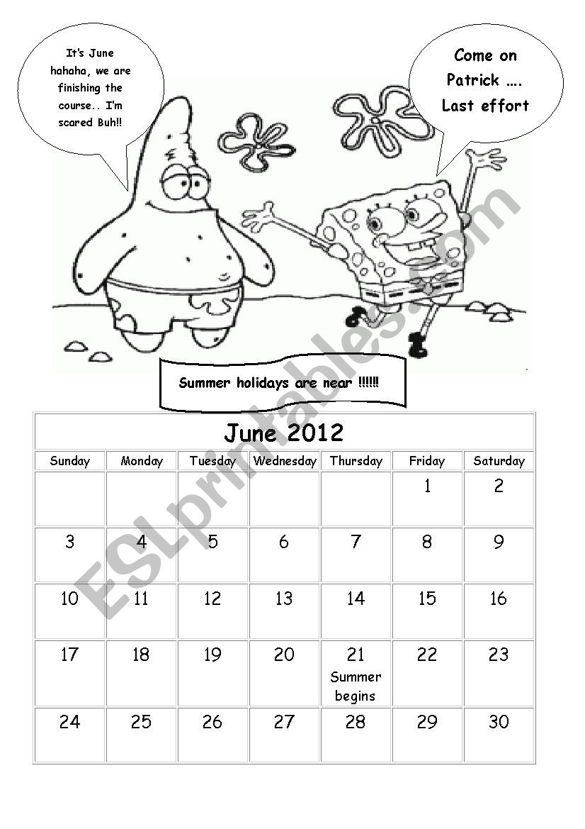 June Calendar worksheet