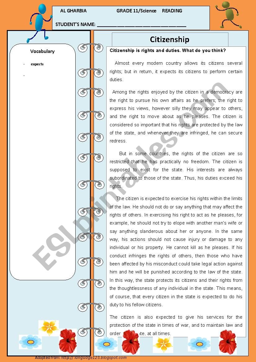 Citizenship is rights and responsibilities - ESL worksheet by Regarding Rights And Responsibilities Worksheet