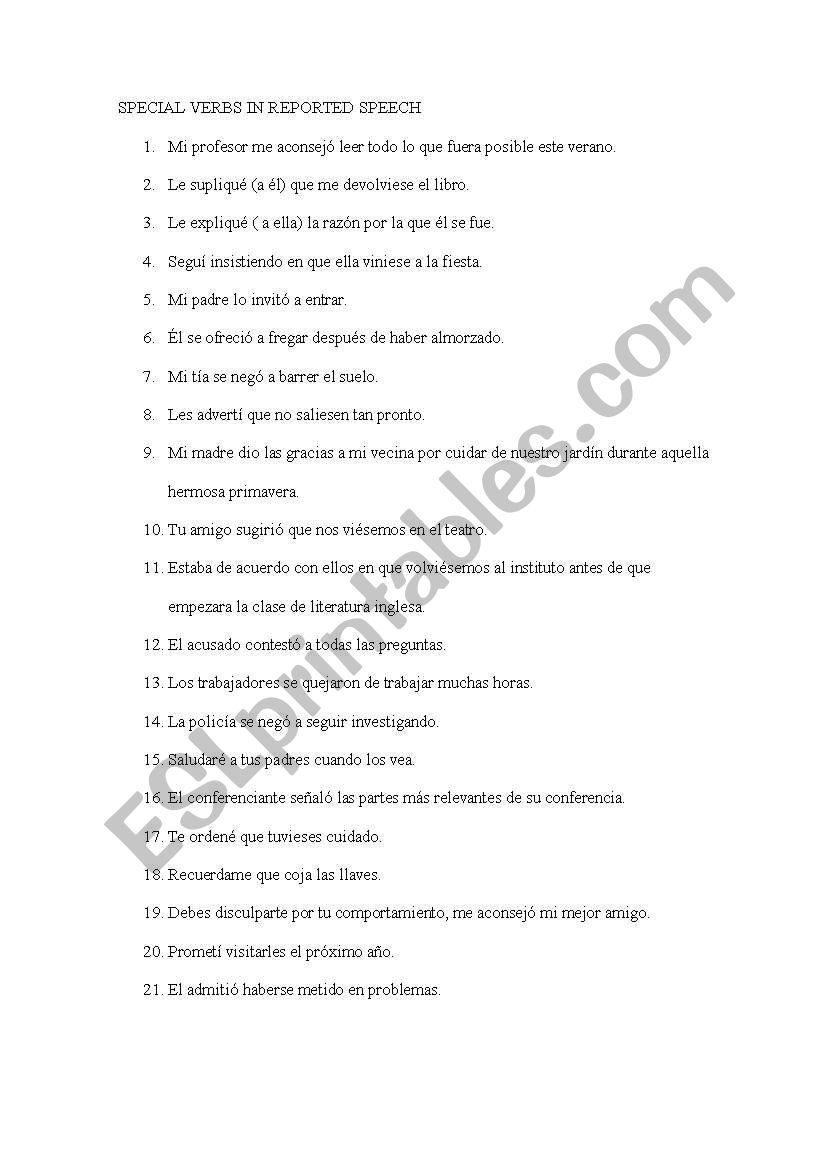 special verbs in reported speech