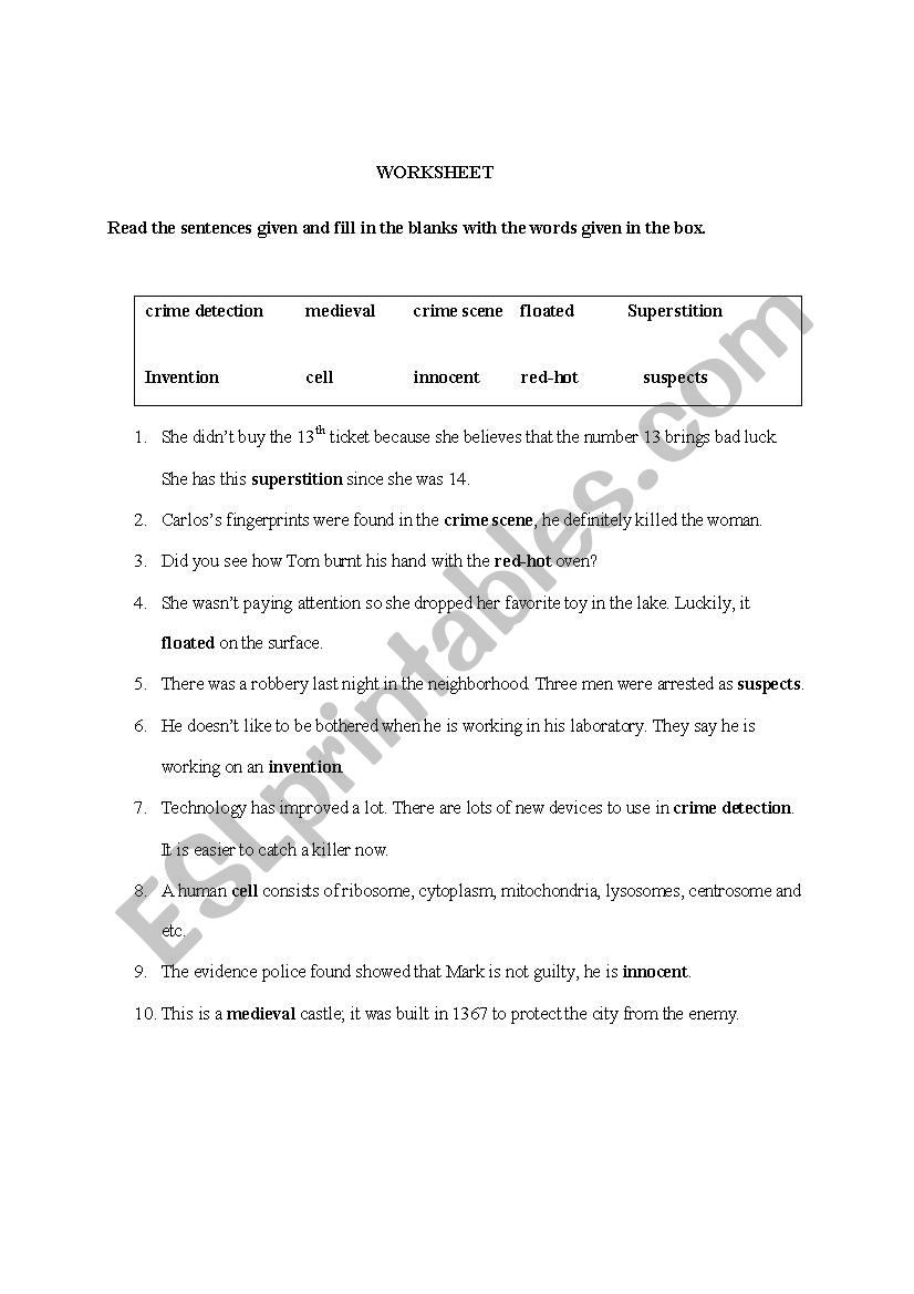 Crime Detection History Vocabulary Worksheet