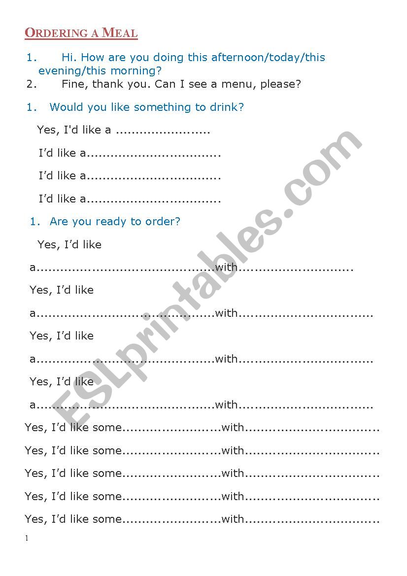 ordering a meal exercise worksheet