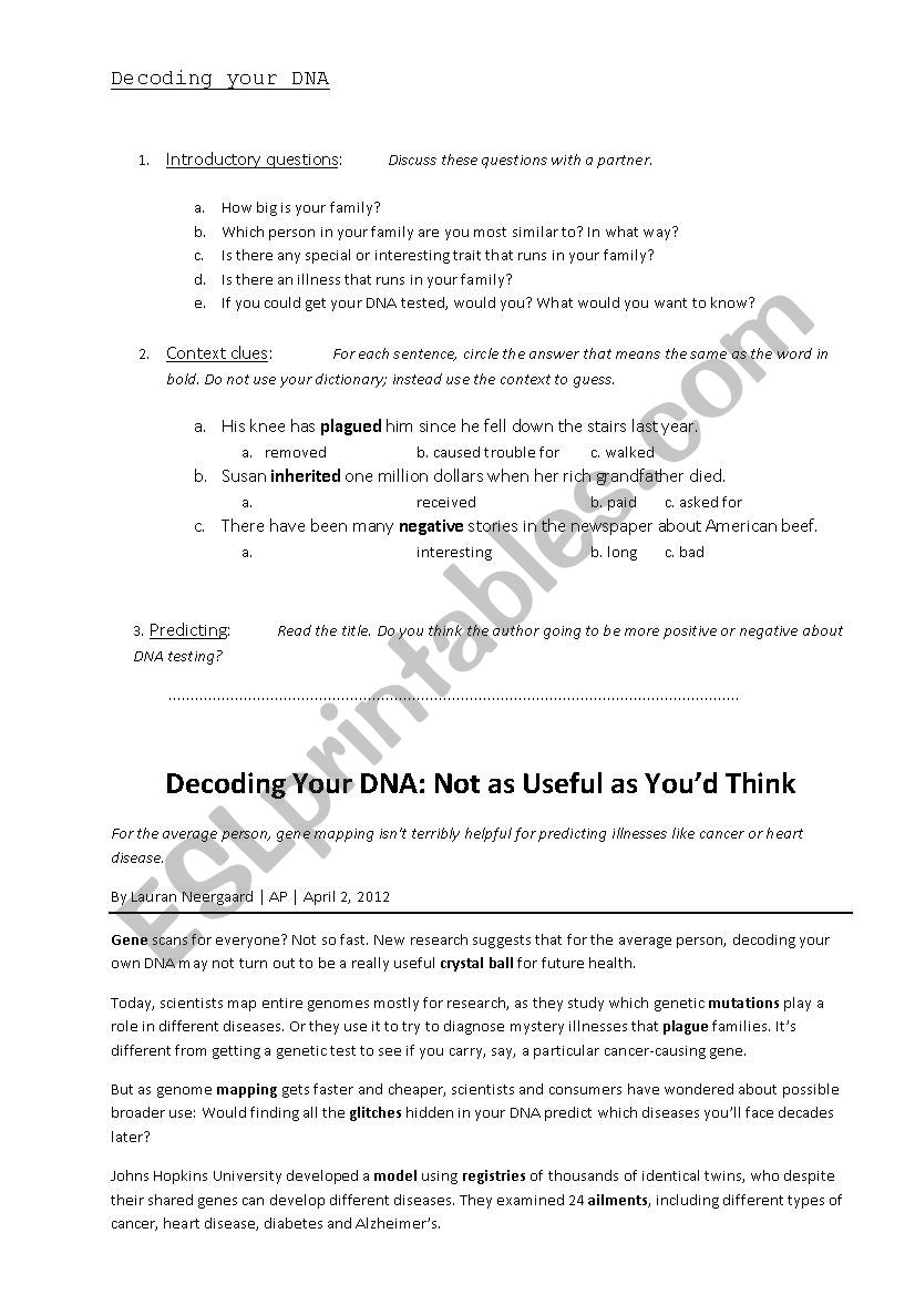 Decoding your DNA worksheet