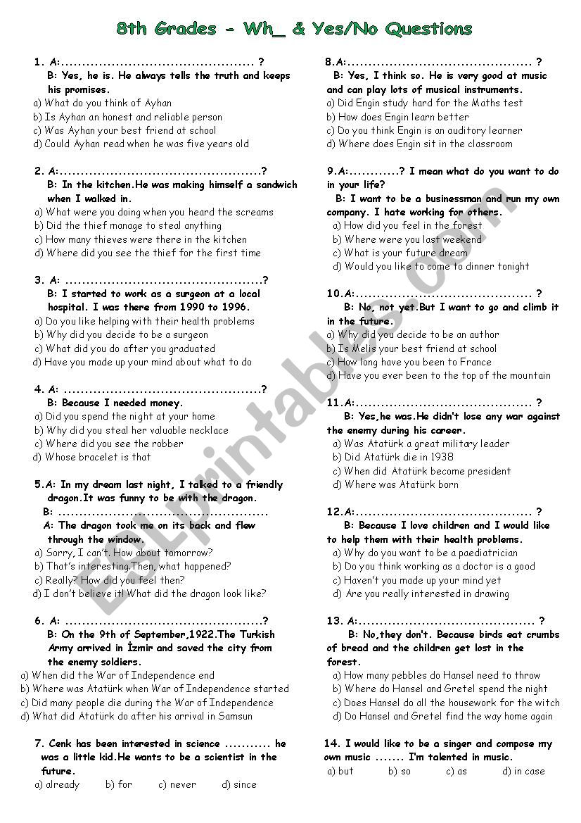 Wh_ & Yes/No Questions Practise for 8th Graders