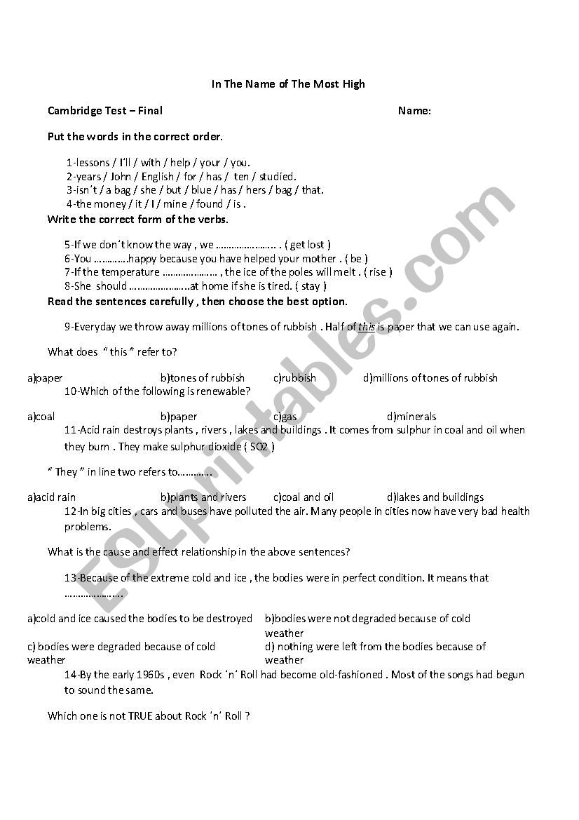 Final Cambridge Book 2 - Test worksheet