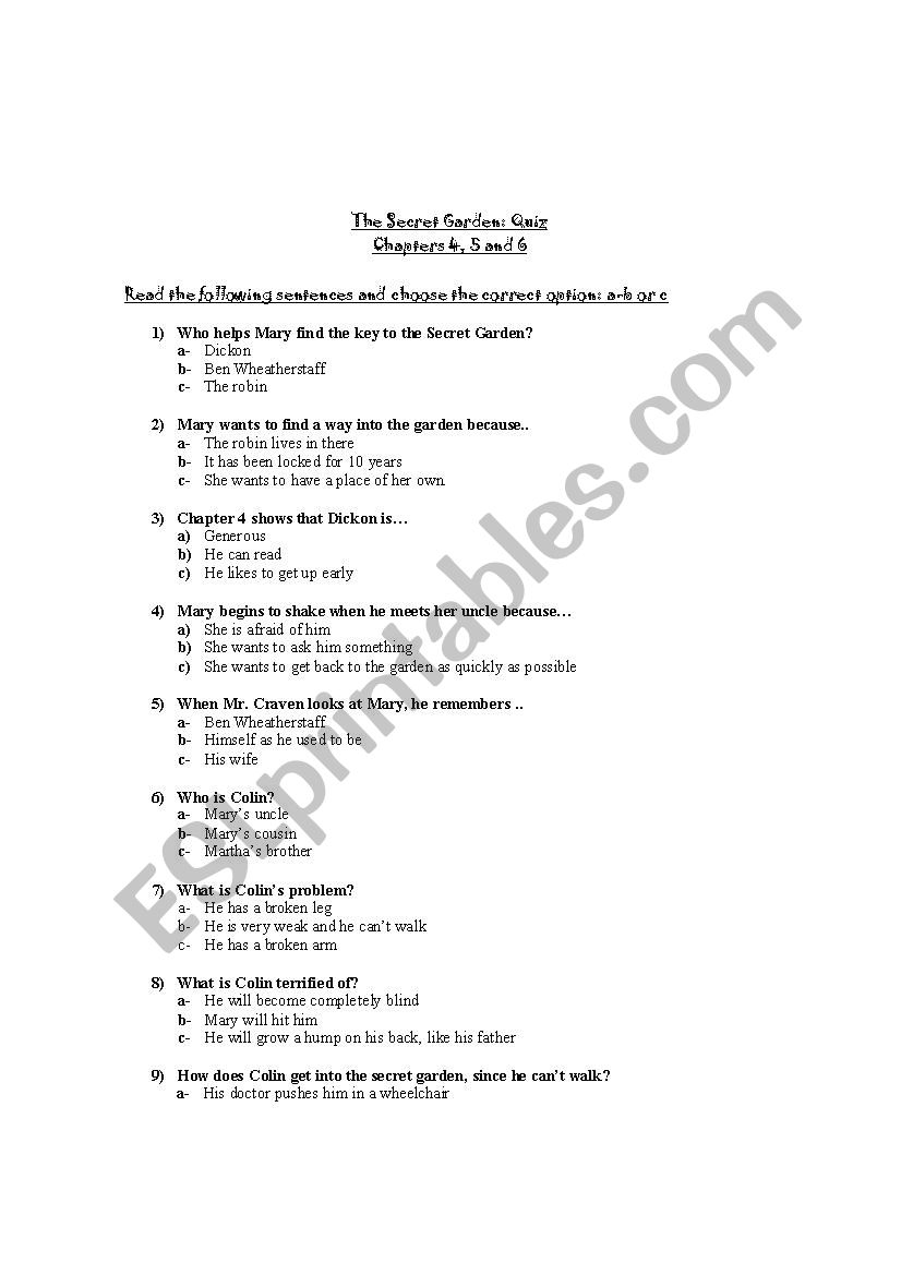 English worksheets: The secret garden quiz