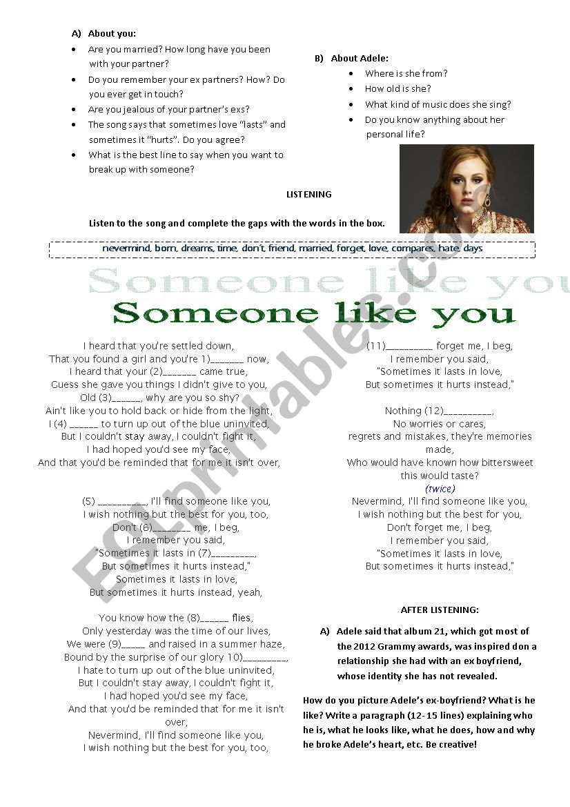 Someone like you - Adele worksheet