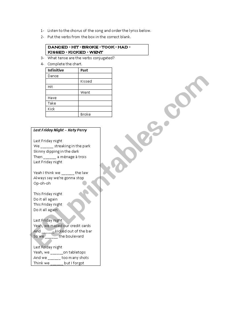 Song worksheet Last Friday Night Katy Perry