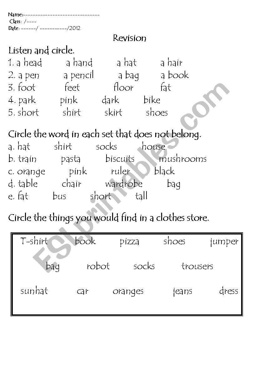 Revision for clothes unit worksheet