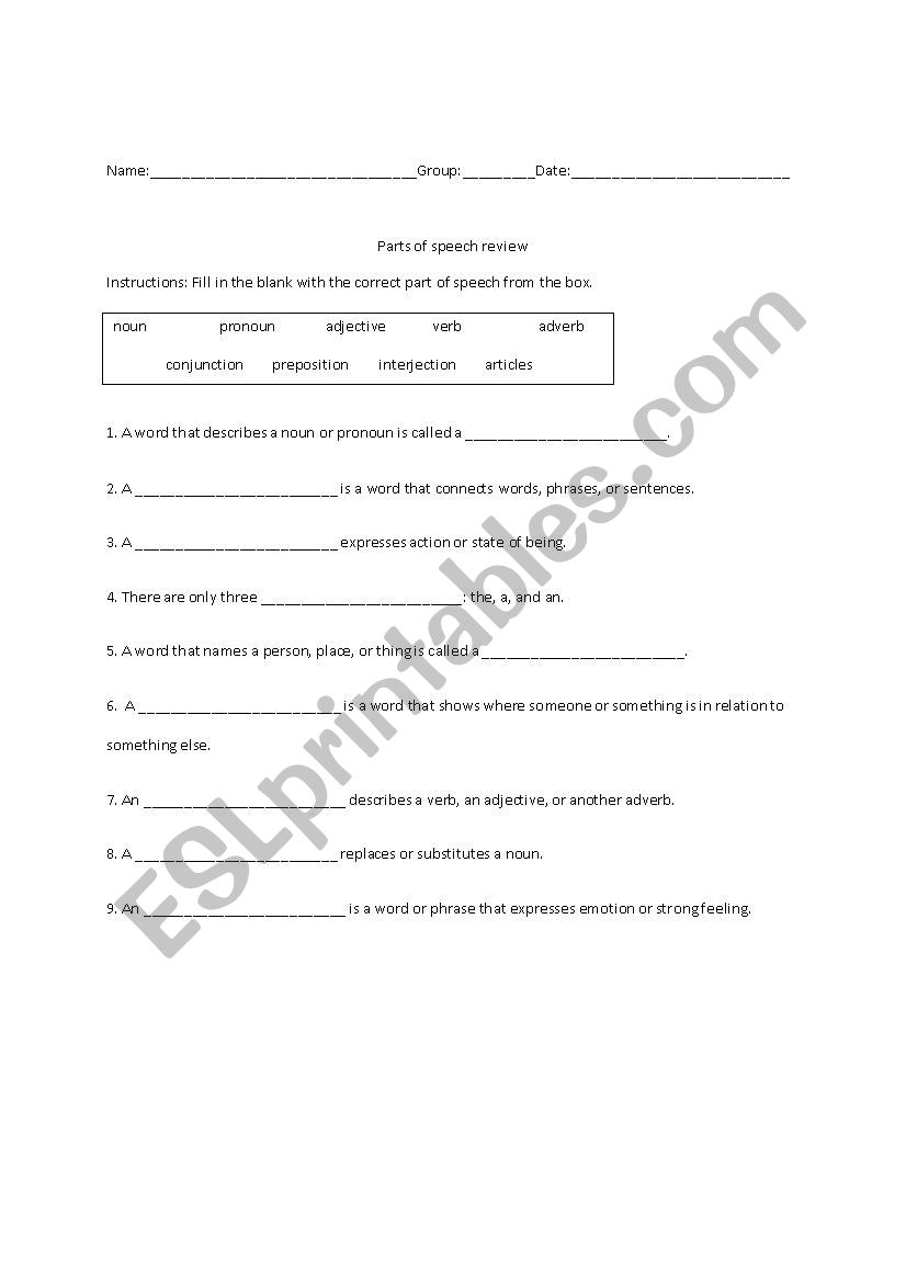 Parts Of Speech Review Worksheet