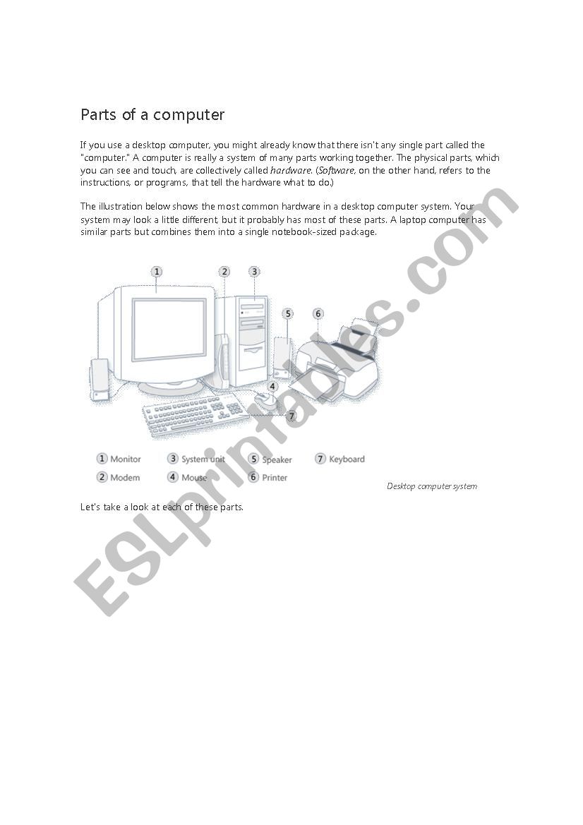 parts of  a computer worksheet