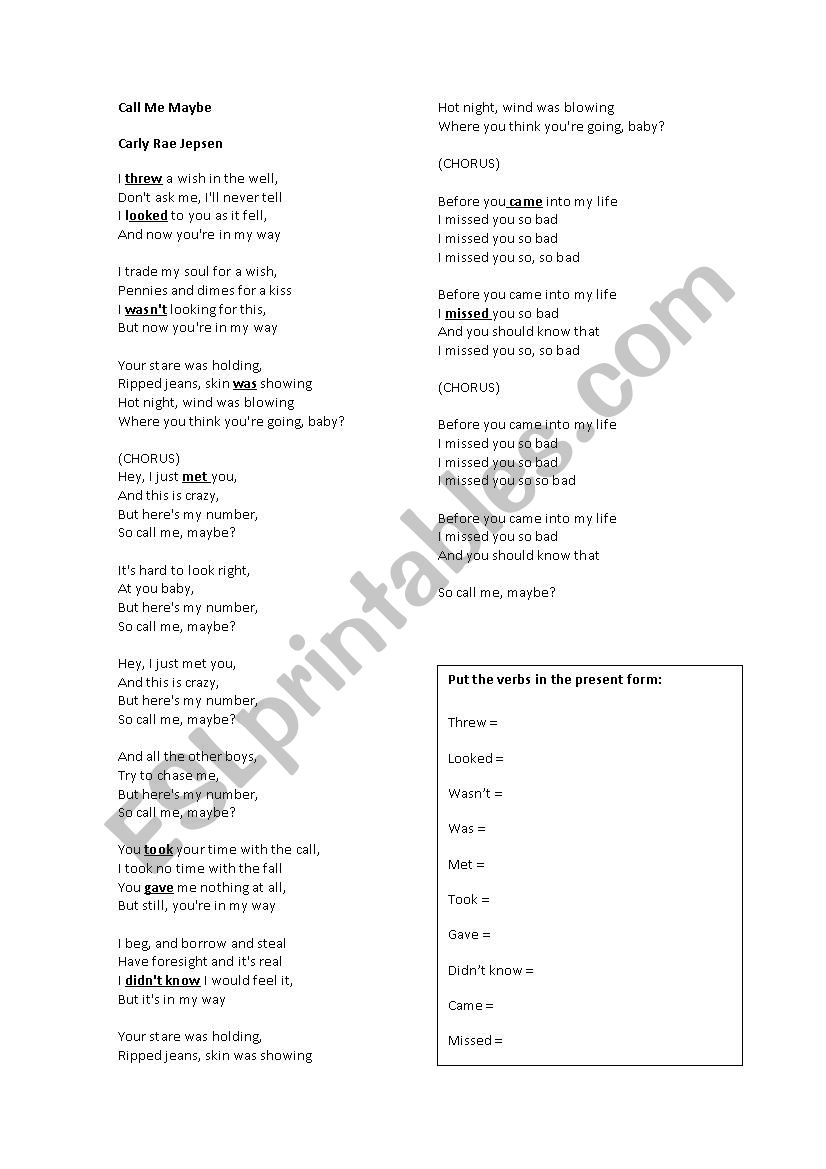 Call me maybe SONG worksheet