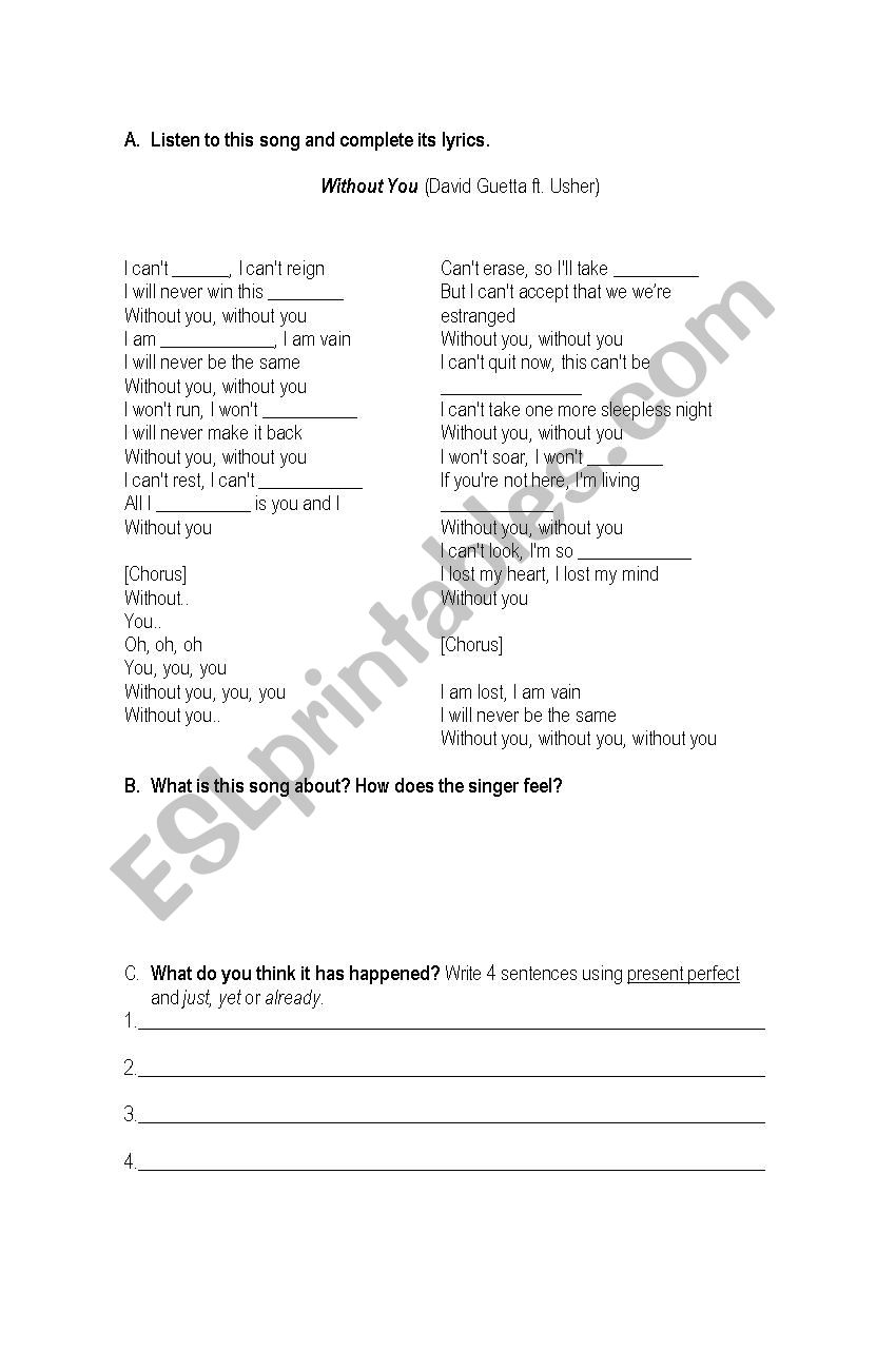 Song worksheet: Without You (David Guetta ft. Usher)