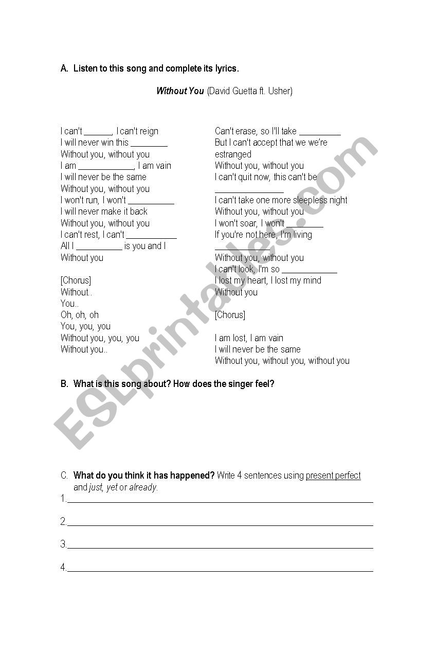 Song worksheet: Without You (David Guetta ft. Usher)