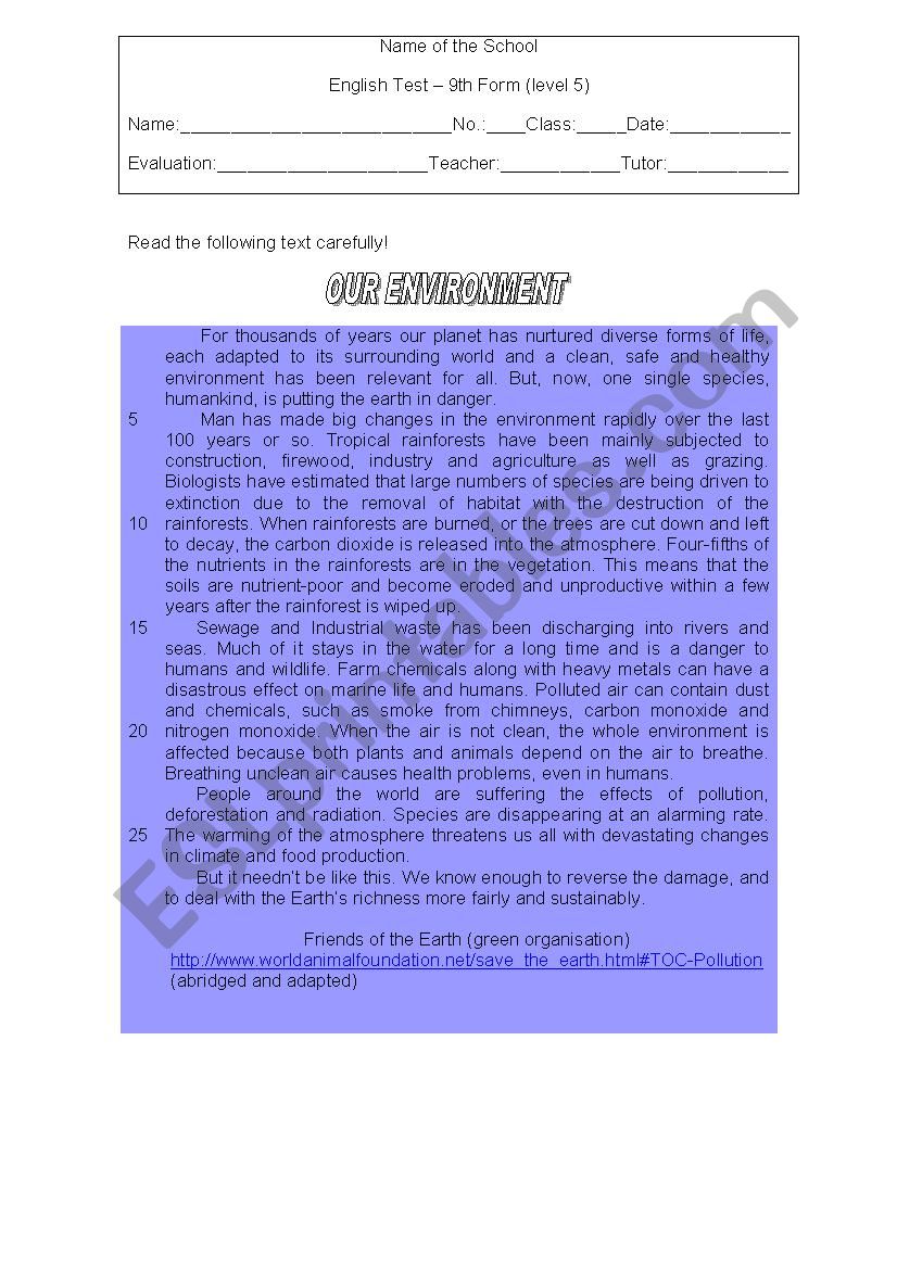  Test about the environment worksheet