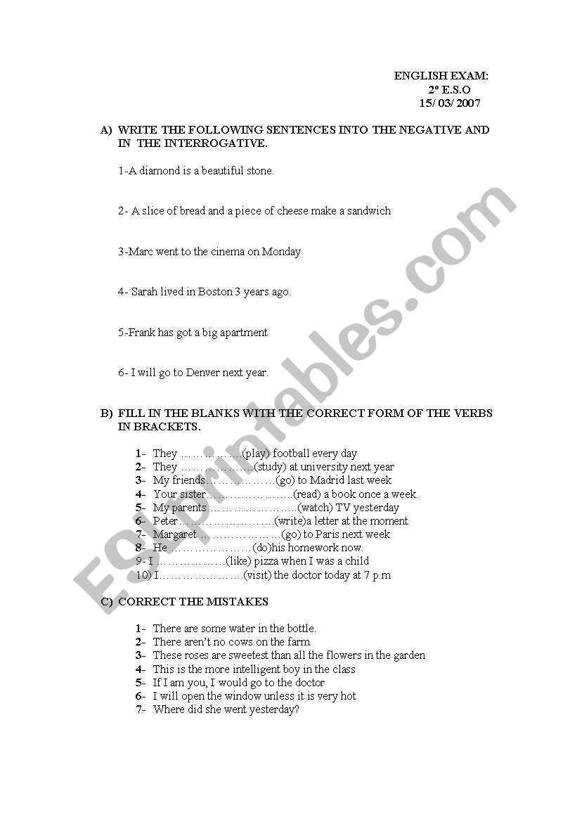 English exam for 2 ESO worksheet