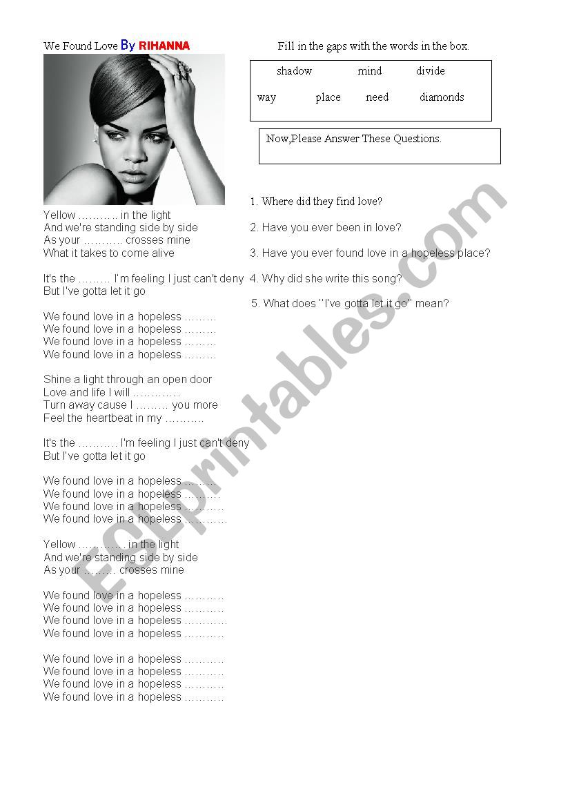We found love by Rihanna worksheet