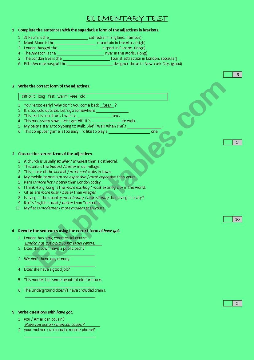 ELEMENTARY TEST worksheet