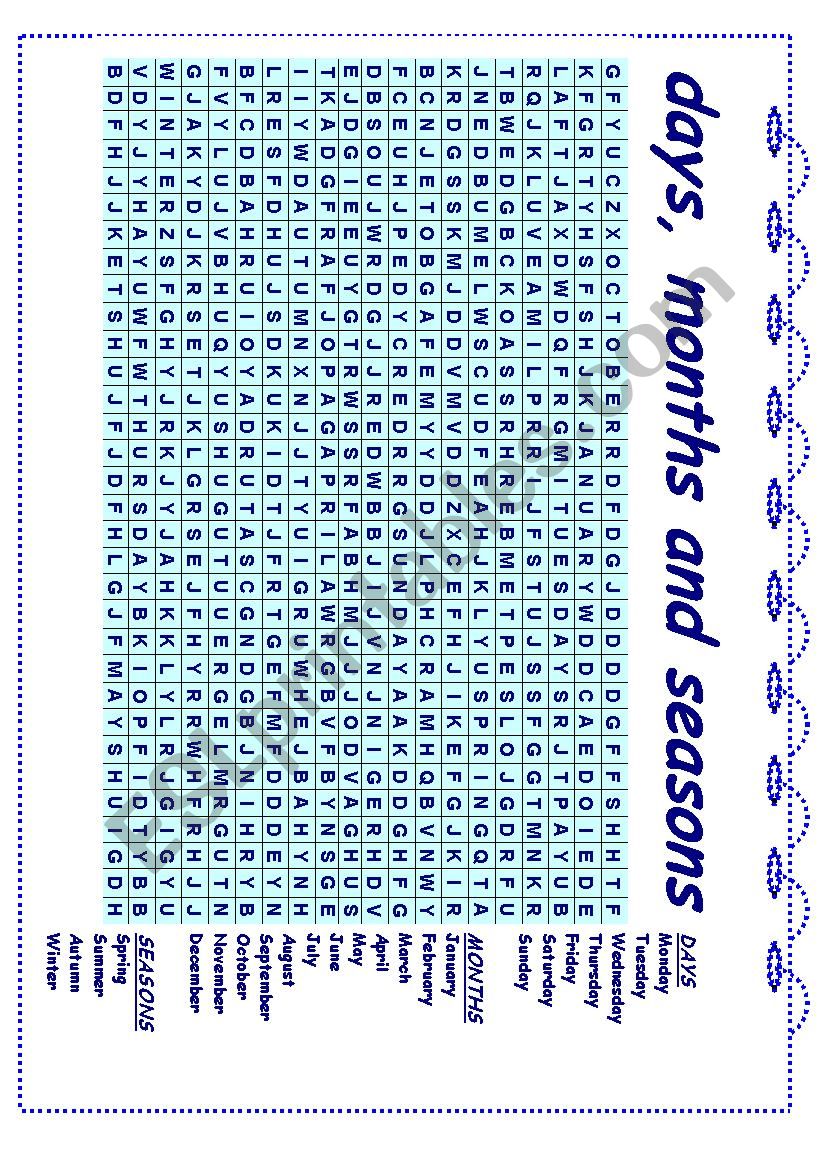 days, months and seasons wordsearch