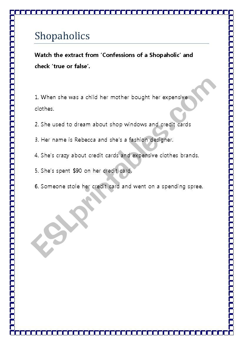 Confessions of a Shopaholic worksheet