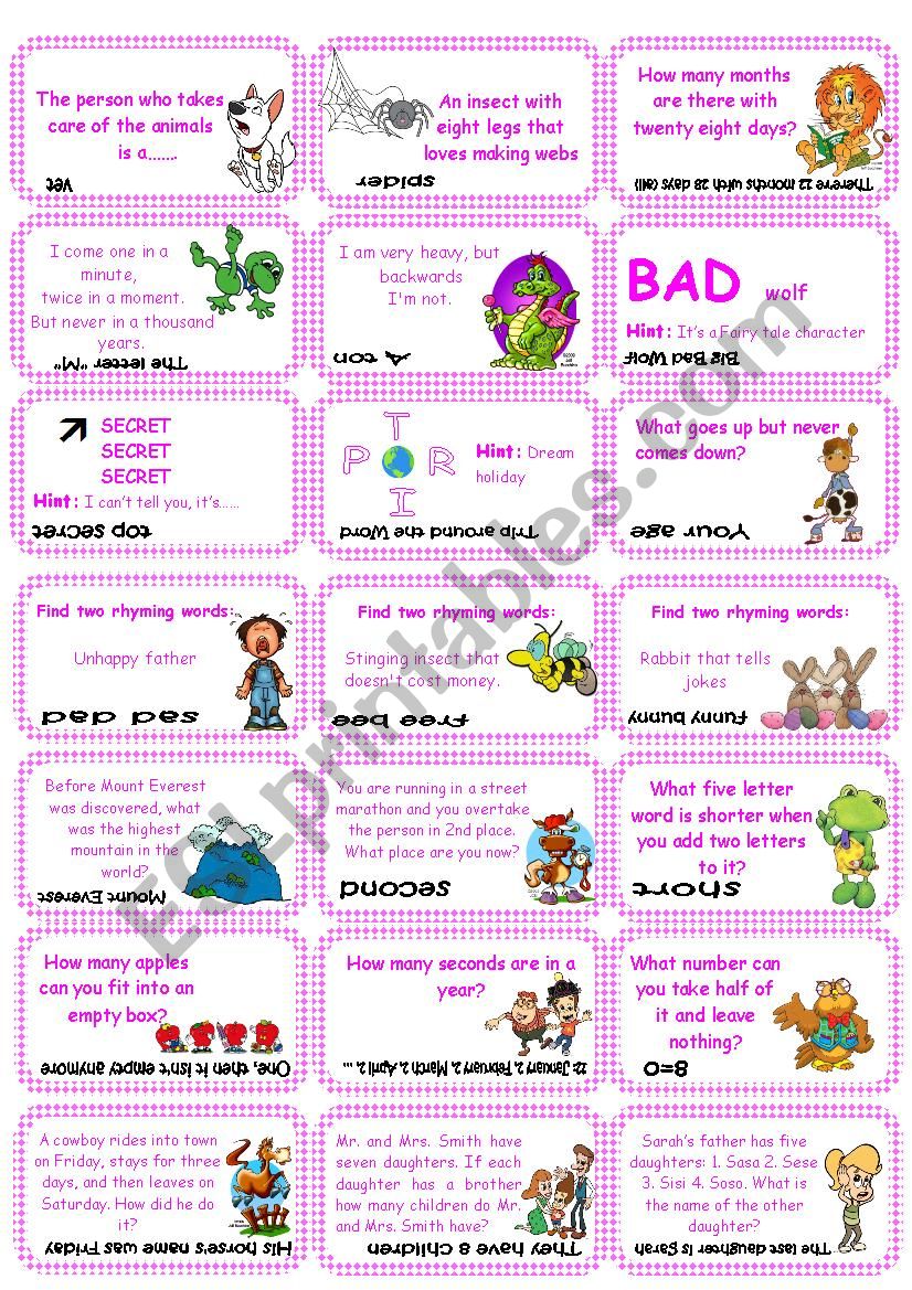 Brain teasers, riddles & puzzles card game (set 1) - ESL worksheet