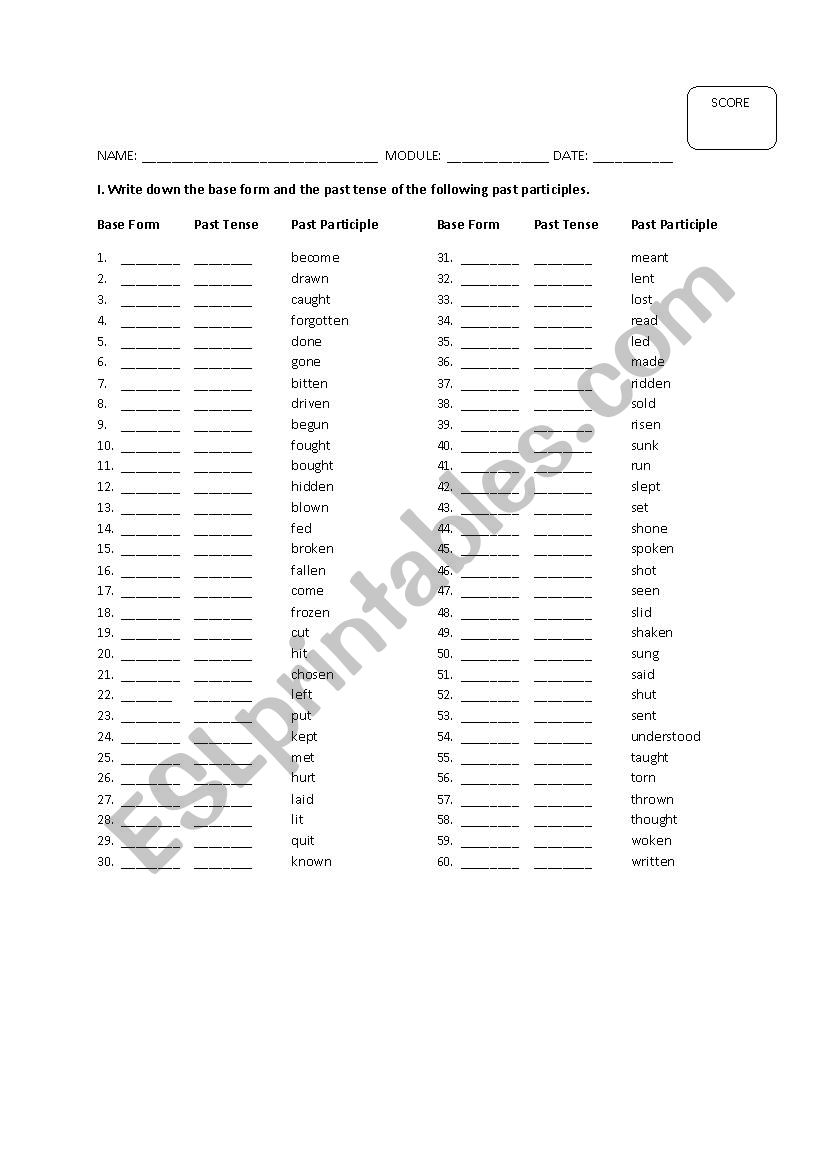 Irregular verbs quiz worksheet