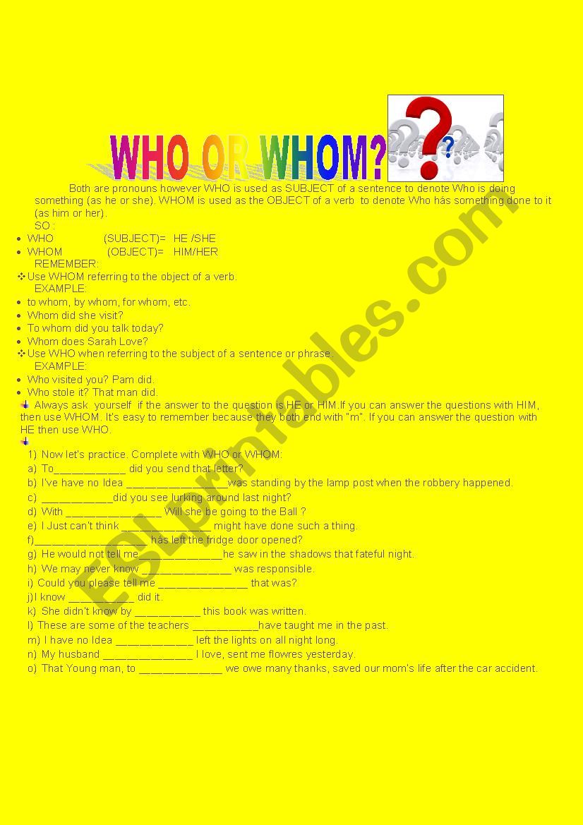 WHO X WHOM worksheet
