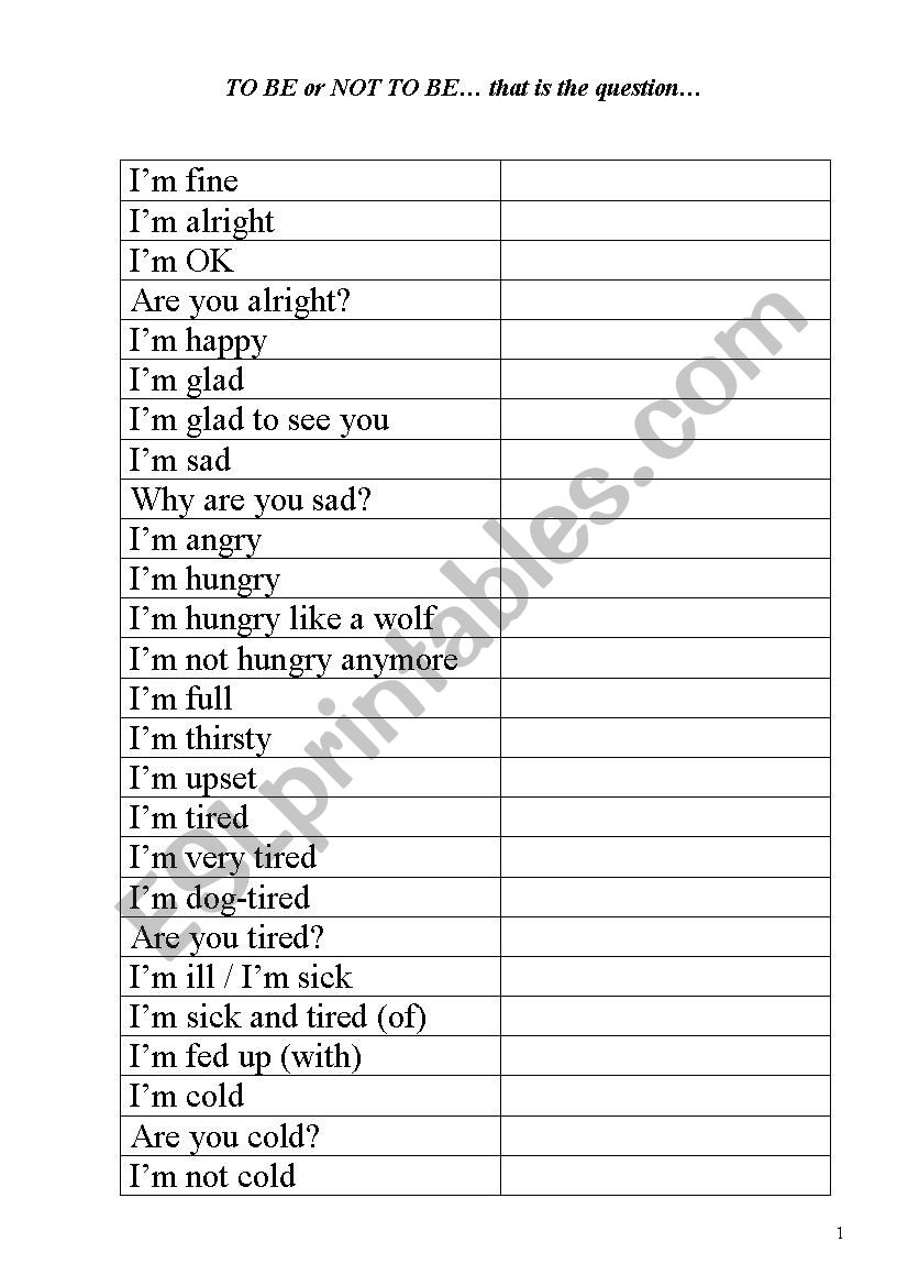128 TO BE expressions worksheet